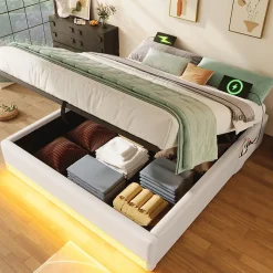 Okwish Lit Coffre 140x200 cm - Lit Double avec Poches de Rangement - Lin + MDF - Sans Matelas - Beige* Lit Coffre