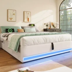 Okwish Lit Coffre 140x200 cm - Lit Double avec Poches de Rangement - Lin + MDF - Sans Matelas - Beige* Lit Coffre