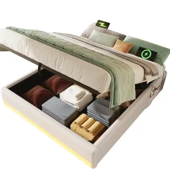 Okwish Lit Coffre 140x200 cm - Lit Double avec Poches de Rangement - Lin + MDF - Sans Matelas - Beige* Lit Coffre