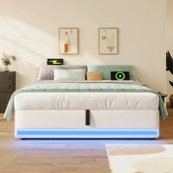 Okwish Lit Coffre 140x200 cm - Lit Double avec Poches de Rangement - Lin + MDF - Sans Matelas - Beige* Lit Coffre