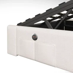 Okwish Lit Coffre 140x200 cm - Lit Double avec Poches de Rangement - Lin + MDF - Sans Matelas - Beige* Lit Coffre