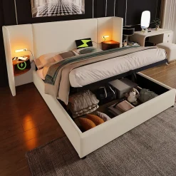 Lit coffre 160x200 cm - Lit double capitonné avec table de chevet et lampe de lecture - Lin - Sans Matelas - Beige>Okwish Outlet