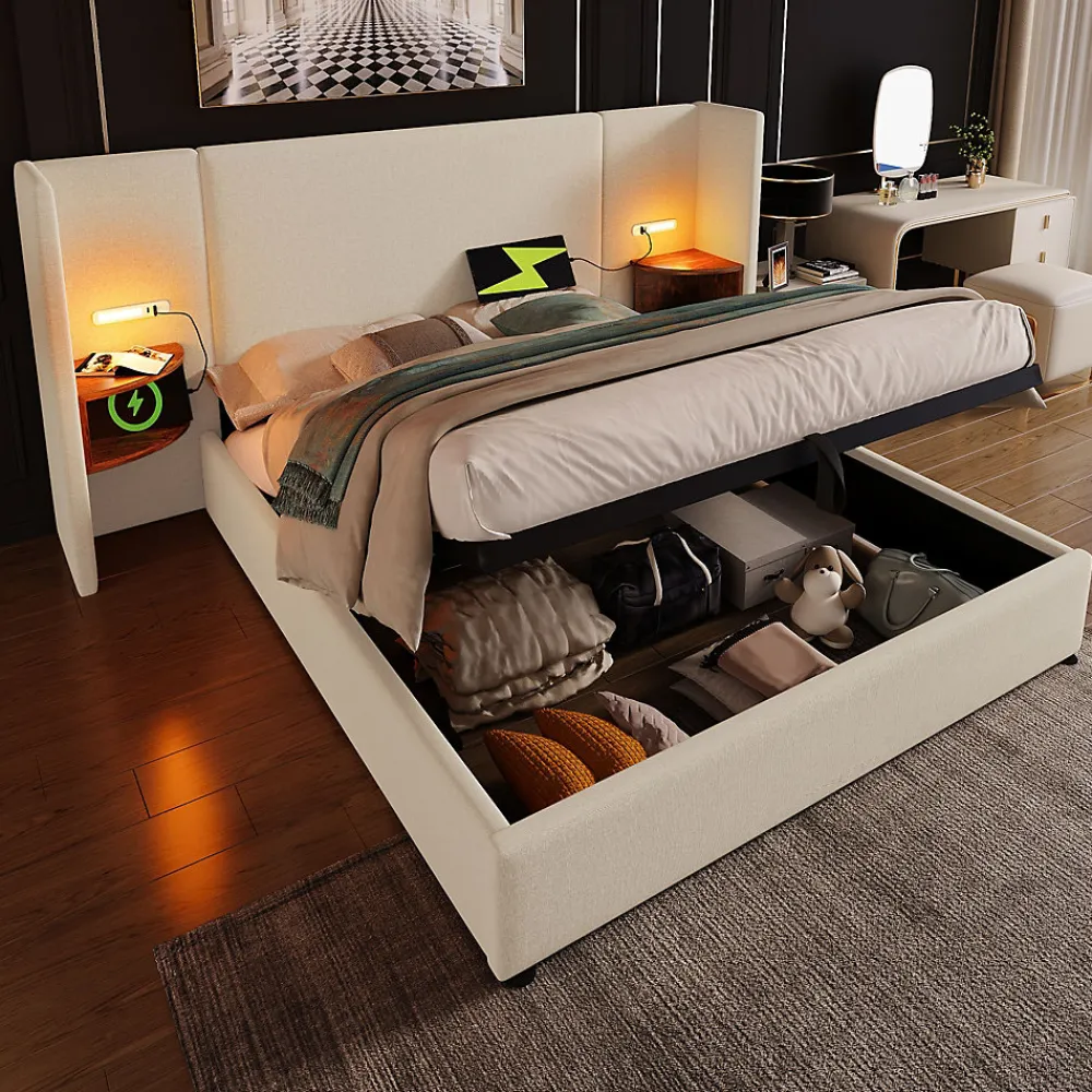 Lit coffre 160x200 cm - Lit double capitonné avec table de chevet et lampe de lecture - Lin - Sans Matelas - Beige>Okwish Outlet