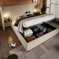 Lit coffre 160x200 cm - Lit double capitonné avec table de chevet et lampe de lecture - Lin - Sans Matelas - Beige><noscript><img width=