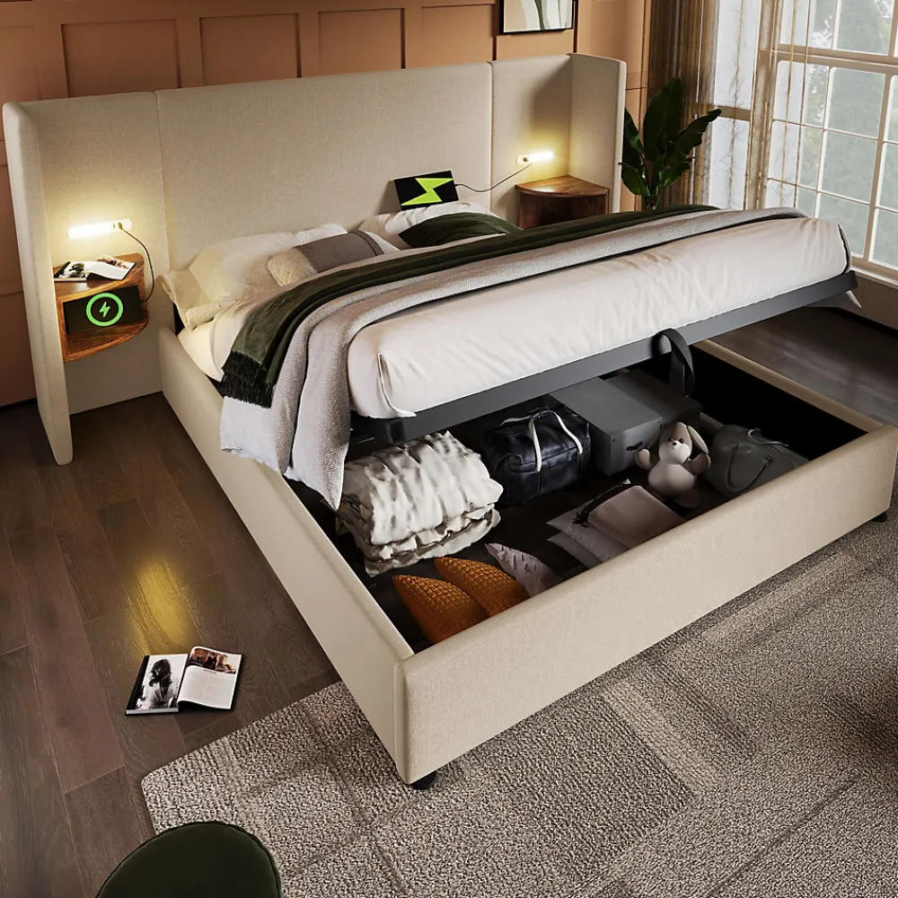 Lit coffre 160x200 cm - Lit double capitonné avec table de chevet et lampe de lecture - Lin - Sans Matelas - Beige>Okwish Outlet