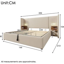 Lit coffre 160x200 cm - Lit double capitonné avec table de chevet et lampe de lecture - Lin - Sans Matelas - Beige><noscript><img width=