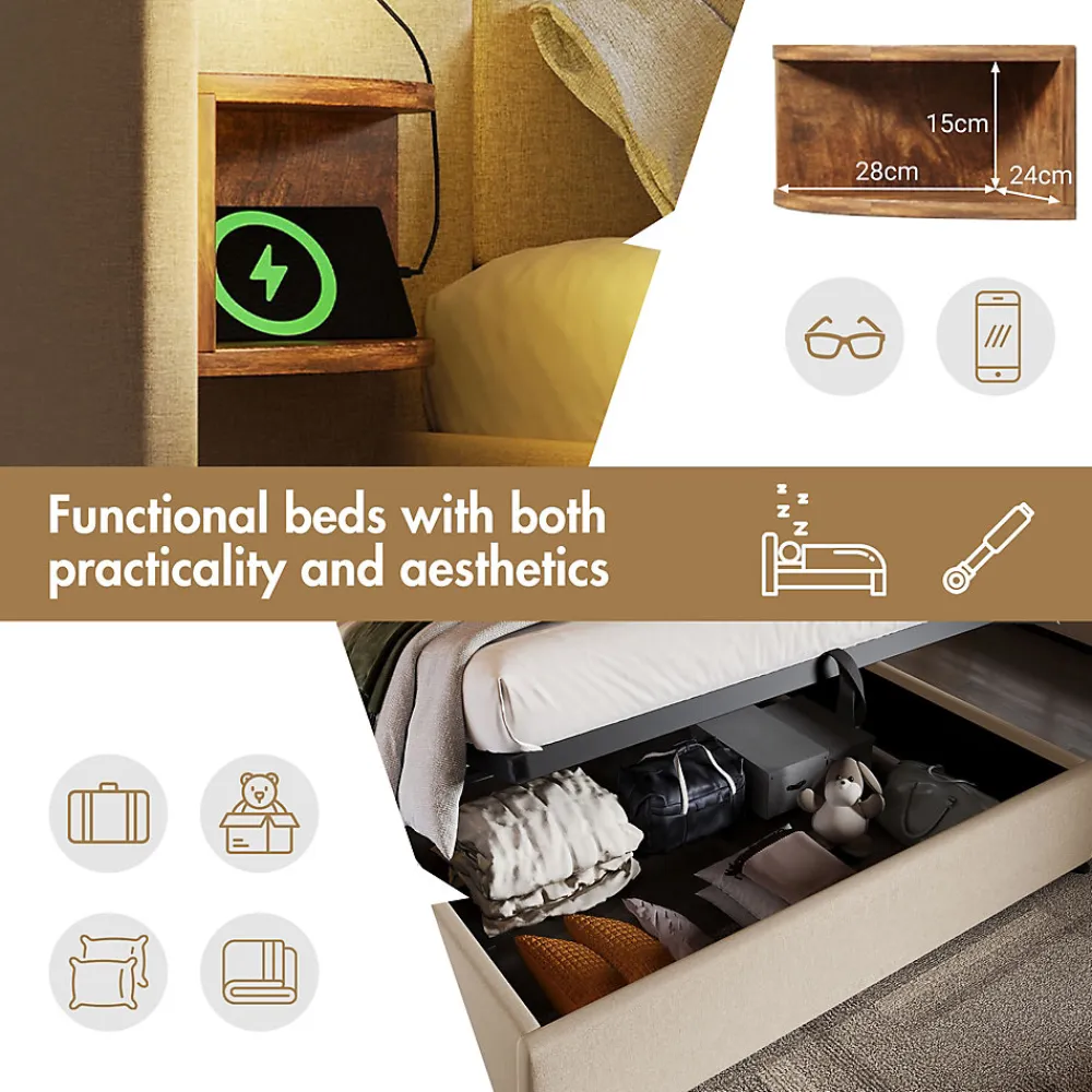 Lit coffre 160x200 cm - Lit double capitonné avec table de chevet et lampe de lecture - Lin - Sans Matelas - Beige>Okwish Outlet