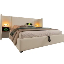 Lit coffre 160x200 cm - Lit double capitonné avec table de chevet et lampe de lecture - Lin - Sans Matelas - Beige><noscript><img width=