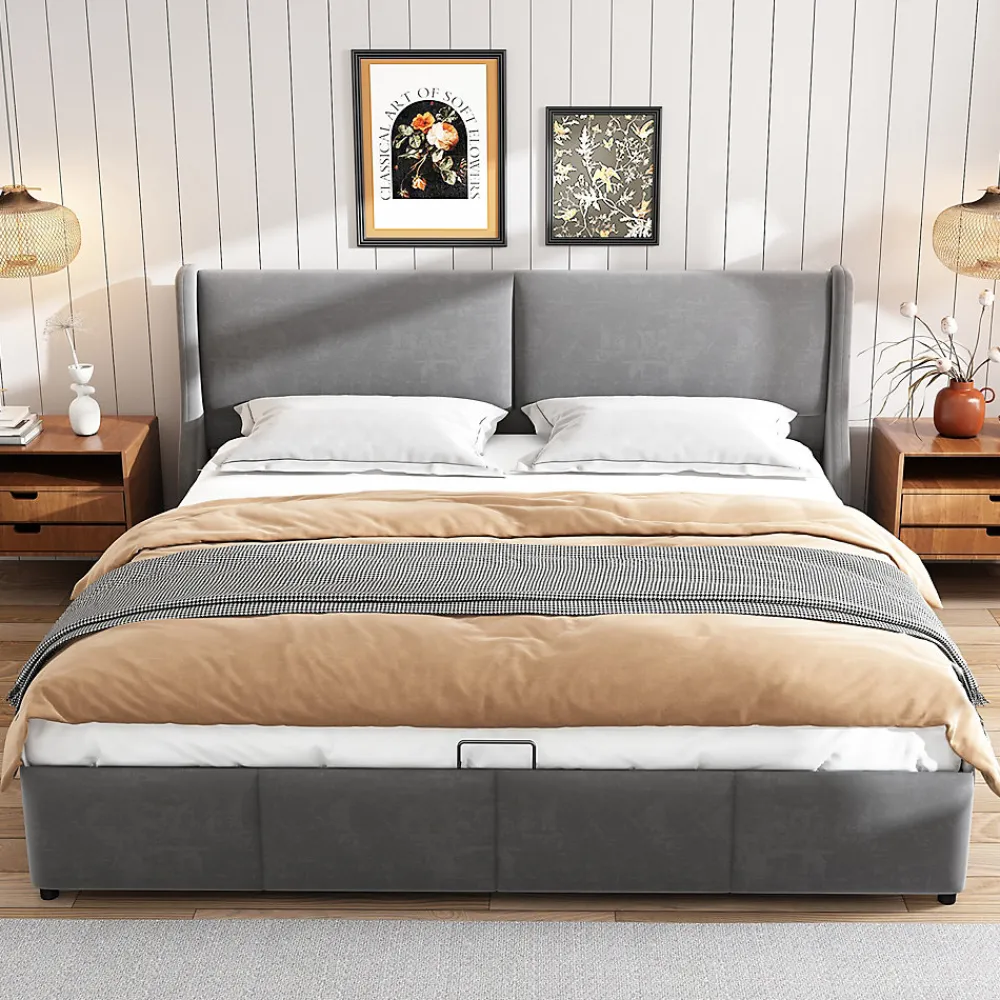 Lit coffre 160x200 cm - Lit double capitonné avec tête de lit oreille - Velours - Sans Matelas - Gris>Okwish Clearance
