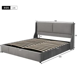 Lit coffre 160x200 cm - Lit double capitonné avec tête de lit oreille - Velours - Sans Matelas - Gris><noscript><img width=