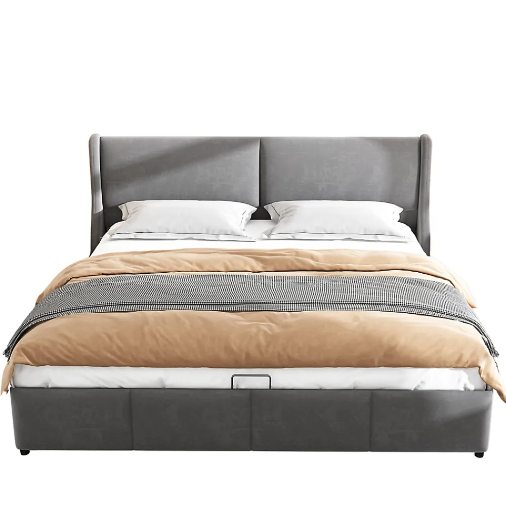 Lit coffre 160x200 cm - Lit double capitonné avec tête de lit oreille - Velours - Sans Matelas - Gris>Okwish Clearance