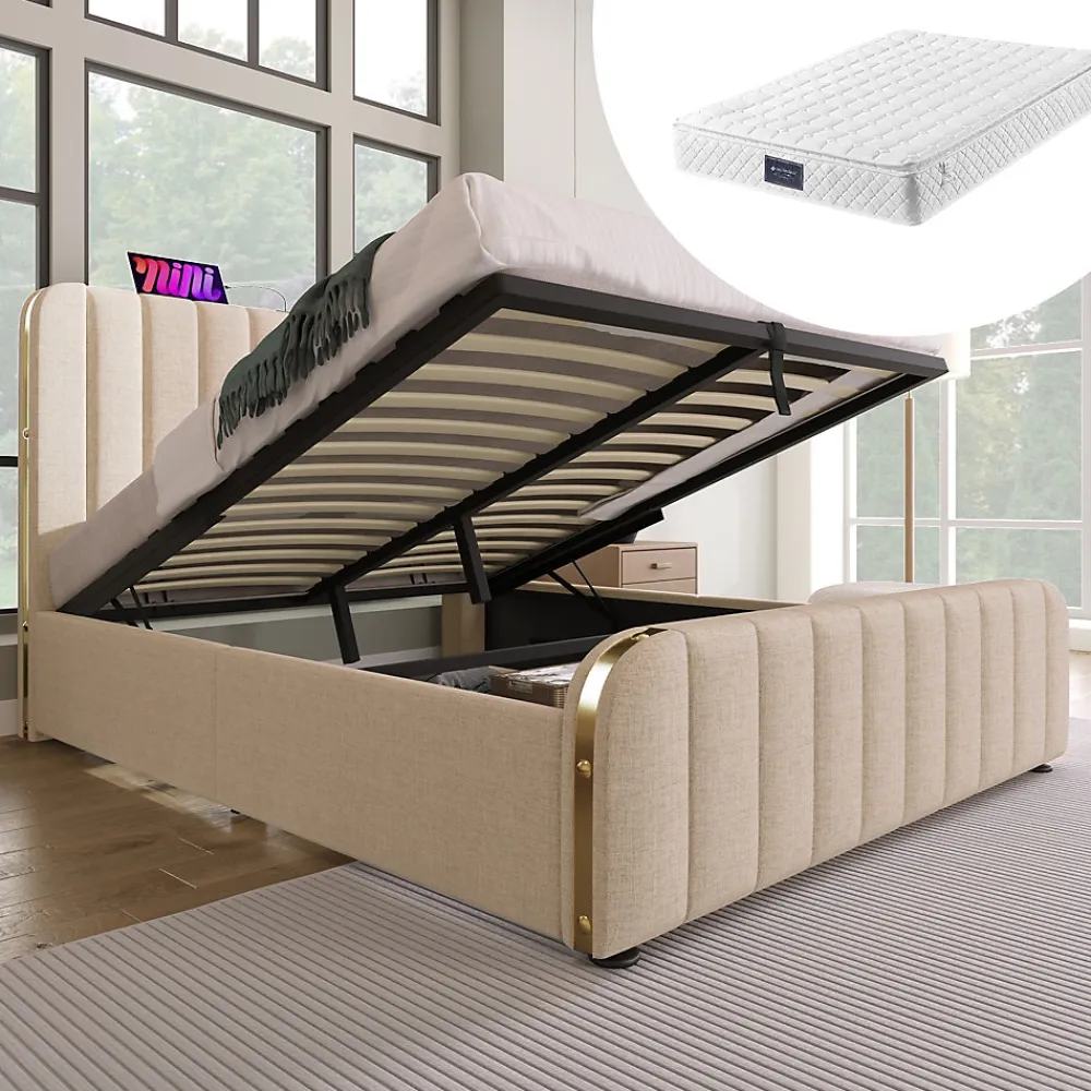 Lit coffre 140x200 cm - Lit double avec fonction de chargement USB Type-C - Lin - avec Matelas - Beige>Okwish New