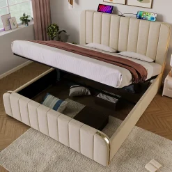 Lit coffre 140x200 cm - Lit double avec fonction de chargement USB Type-C - Lin - avec Matelas - Beige>Okwish New