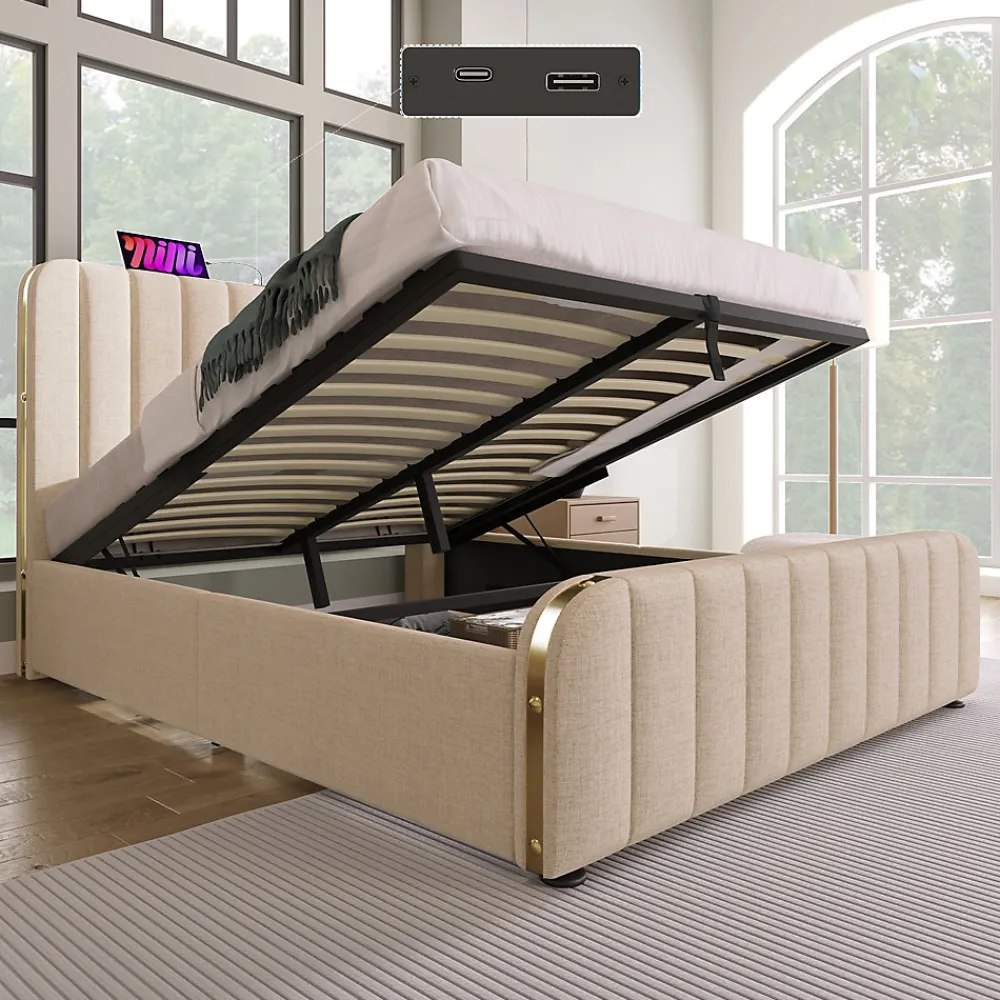 Lit coffre 140x200 cm - Lit double avec fonction de chargement USB Type-C - Lin - avec Matelas - Beige>Okwish New