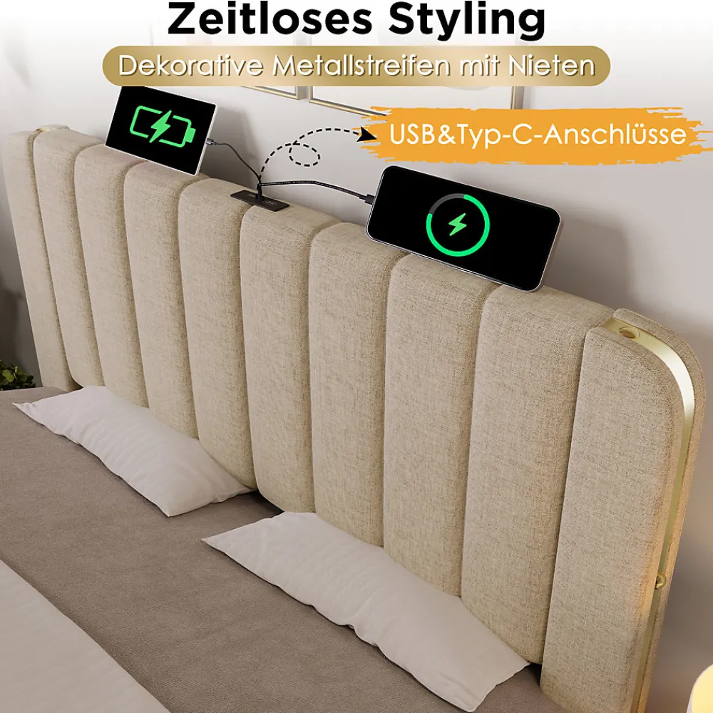 Lit coffre 140x200 cm - Lit double avec fonction de chargement USB Type-C - Lin - avec Matelas - Beige>Okwish New