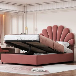 Lit coffre 140x200 cm - Lit double avec tête de lit fleur réglable - Velours + Métal + MDF - Sans matelas - Rose>Okwish Online