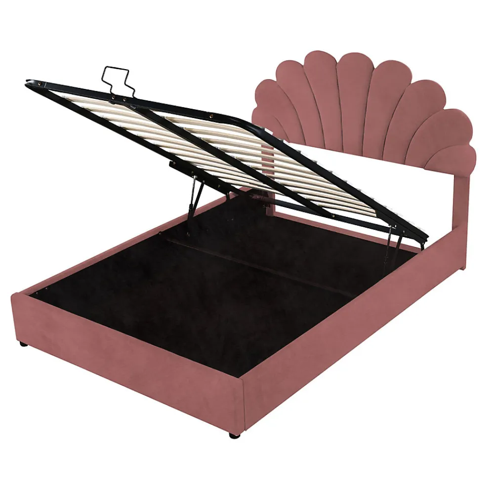 Lit coffre 140x200 cm - Lit double avec tête de lit fleur réglable - Velours + Métal + MDF - Sans matelas - Rose>Okwish Online