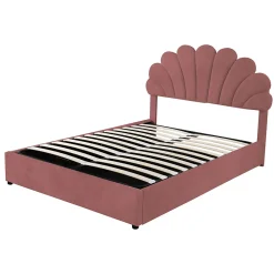 Lit coffre 140x200 cm - Lit double avec tête de lit fleur réglable - Velours + Métal + MDF - Sans matelas - Rose><noscript><img width=
