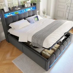 Lit coffre 140x200 cm - Lit double en tissu gris avec LED multicolores et rangement hydraulique - Sans matelas>Okwish Best