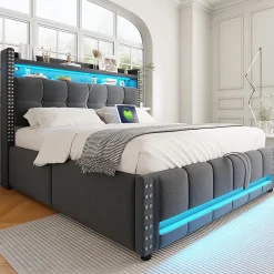 Lit coffre 140x200 cm - Lit double en tissu gris avec LED multicolores et rangement hydraulique - Sans matelas>Okwish Best