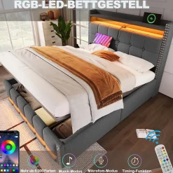 Lit coffre 140x200 cm - Lit double en tissu gris avec LED multicolores et rangement hydraulique - Sans matelas><noscript><img width=