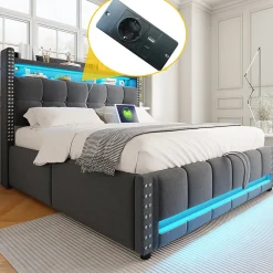 Lit coffre 140x200 cm - Lit double en tissu gris avec LED multicolores et rangement hydraulique - Sans matelas><noscript><img width=