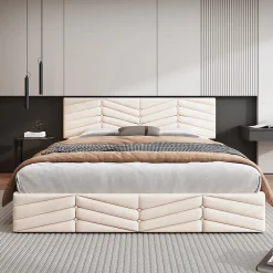 Okwish Lit coffre 140x200 cm - Lit Double Capitonné avec Tête de Lit Réglable - Velours - Sans Matelas - Beige* Lit Coffre