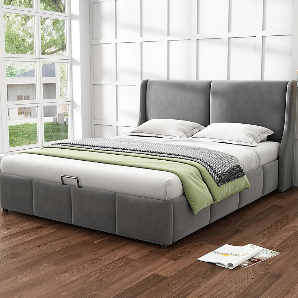 Lit coffre 180x200 cm - Lit double capitonné avec tête de lit oreille - Velours - Sans Matelas - Gris>Okwish Clearance