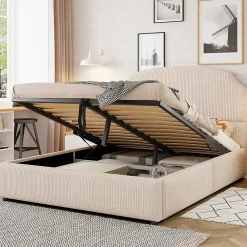 Lit Coffre 140x200 cm - Lit Double Adulte Capitonné avec Rangement Intégré, sans Matelas - Velours Beige>Okwish New