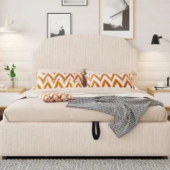 Lit Coffre 140x200 cm - Lit Double Adulte Capitonné avec Rangement Intégré, sans Matelas - Velours Beige><noscript><img width=