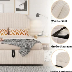 Lit Coffre 140x200 cm - Lit Double Adulte Capitonné avec Rangement Intégré, sans Matelas - Velours Beige><noscript><img width=