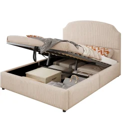 Lit Coffre 140x200 cm - Lit Double Adulte Capitonné avec Rangement Intégré, sans Matelas - Velours Beige><noscript><img width=