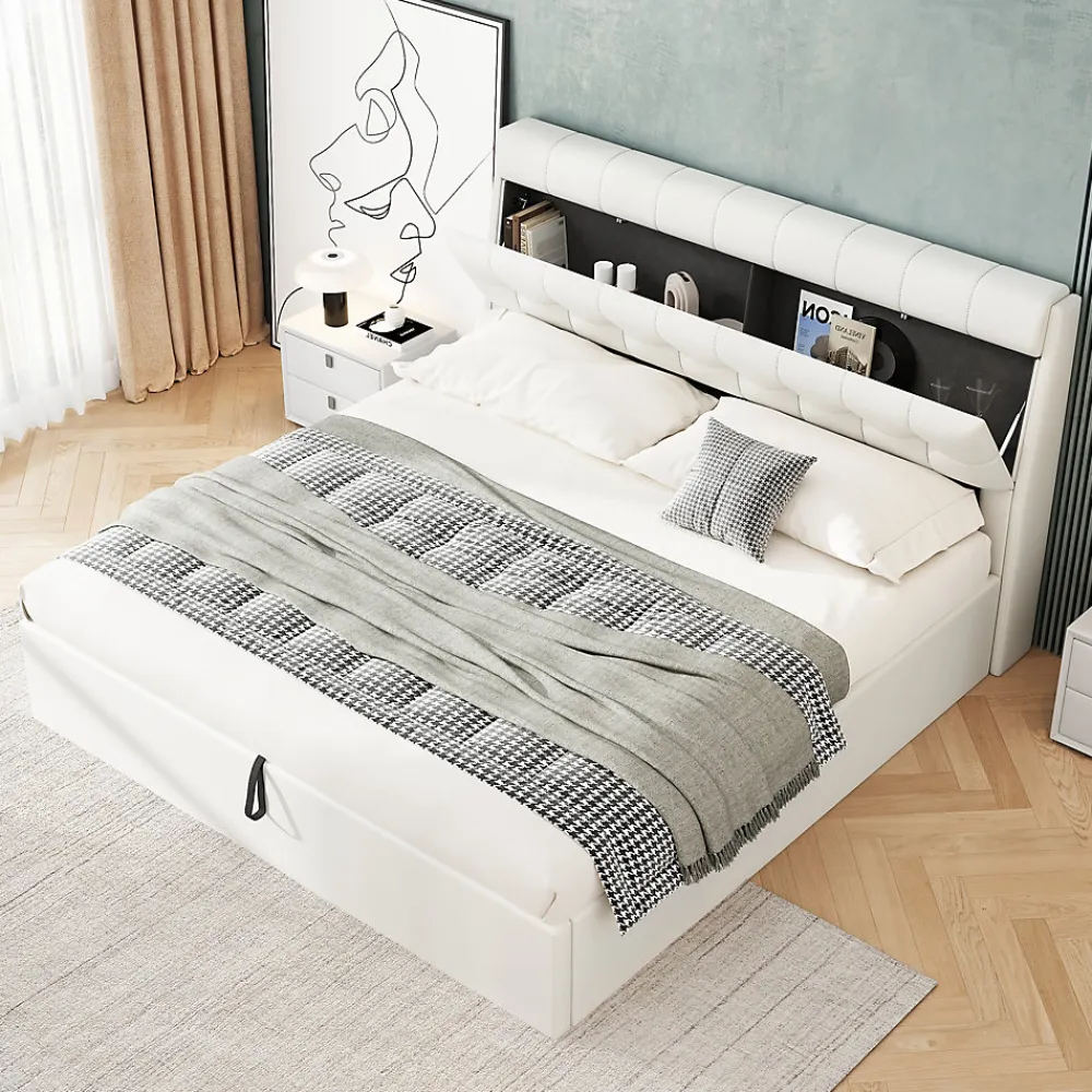 Lit Coffre 160x200 cm - Lit Double Capitonné avec Tête de Lit et Rangement Caché - PU - Sans Matelas - Blanc>Okwish Best