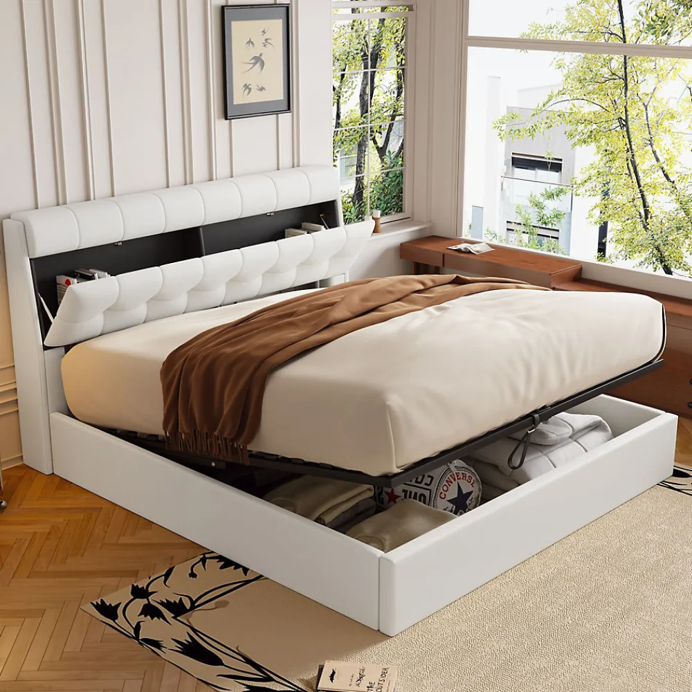 Lit Coffre 160x200 cm - Lit Double Capitonné avec Tête de Lit et Rangement Caché - PU - Sans Matelas - Blanc>Okwish Best