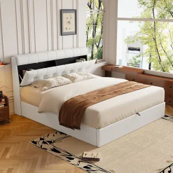 Lit Coffre 160x200 cm - Lit Double Capitonné avec Tête de Lit et Rangement Caché - PU - Sans Matelas - Blanc><noscript><img width=