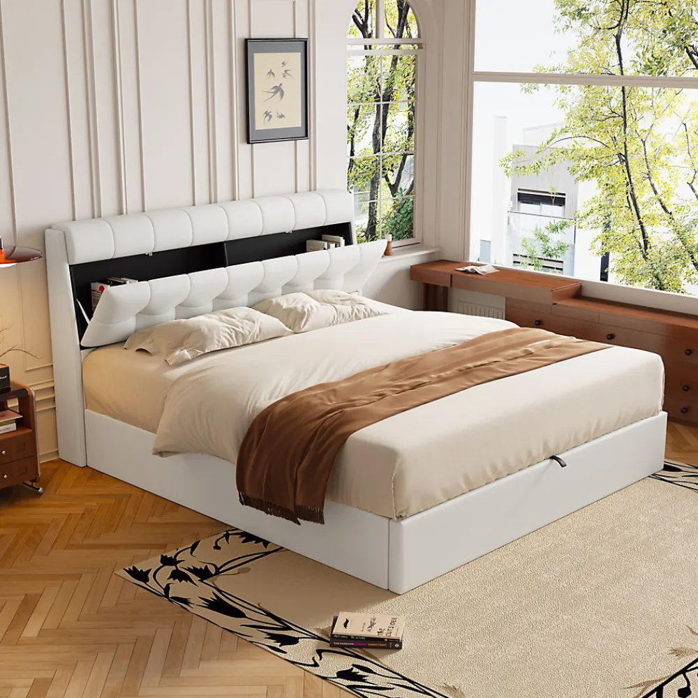 Lit Coffre 160x200 cm - Lit Double Capitonné avec Tête de Lit et Rangement Caché - PU - Sans Matelas - Blanc>Okwish Best