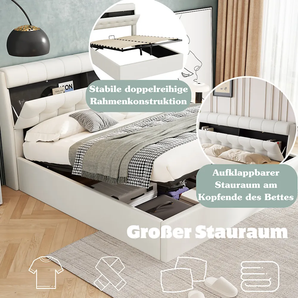 Lit Coffre 160x200 cm - Lit Double Capitonné avec Tête de Lit et Rangement Caché - PU - Sans Matelas - Blanc>Okwish Best