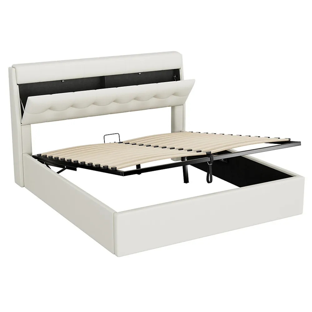 Lit Coffre 160x200 cm - Lit Double Capitonné avec Tête de Lit et Rangement Caché - PU - Sans Matelas - Blanc>Okwish Best