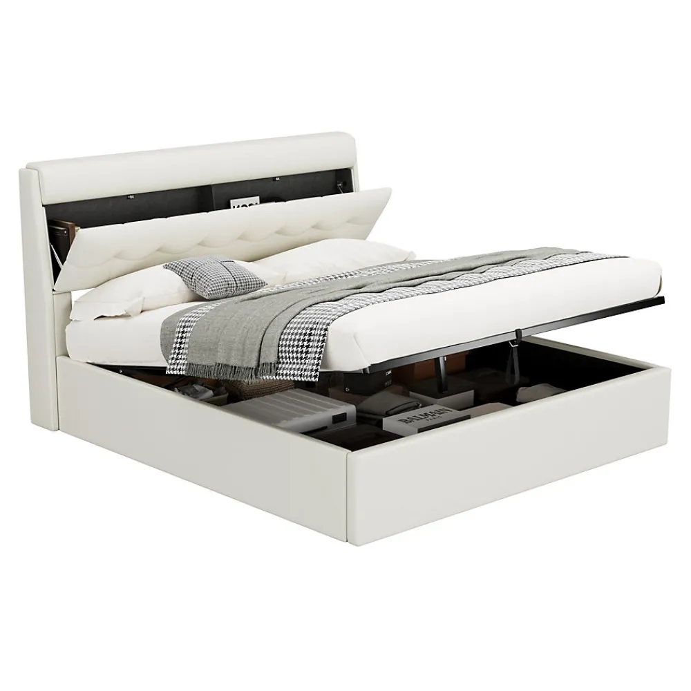 Lit Coffre 160x200 cm - Lit Double Capitonné avec Tête de Lit et Rangement Caché - PU - Sans Matelas - Blanc>Okwish Best