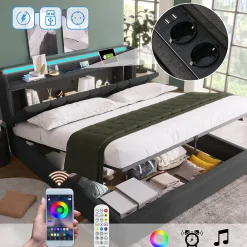 Lit Coffre 140x200 cm - Lit Double Rembourré - Tête de Lit avec Rangement - Lin - Sans Matelas - Gris>Generique Hot