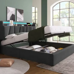 Lit Coffre 140x200 cm - Lit Double Rembourré - Tête de Lit avec Rangement - Lin - Sans Matelas - Gris>Generique Hot