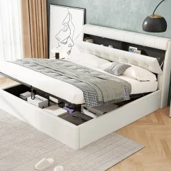 Lit Coffre 140x190 cm - Lit Double Capitonné avec Tête de Lit et Rangement Caché - PU - Sans Matelas - Blanc><noscript><img width=