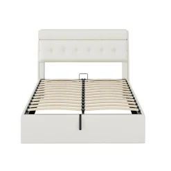 Lit Coffre 140x190 cm - Lit Double Capitonné avec Tête de Lit et Rangement Caché - PU - Sans Matelas - Blanc><noscript><img width=
