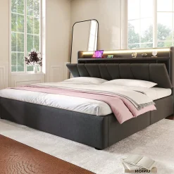 Lit Coffre 160x200 cm - Lit Double Rembourré - Tête de Lit avec Rangement - Lin - Sans Matelas - Gris>Generique Clearance
