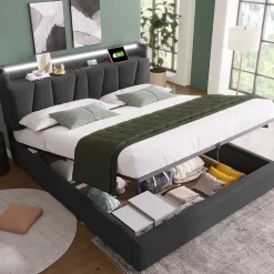 Lit Coffre 160x200 cm - Lit Double Rembourré - Tête de Lit avec Rangement - Lin - Sans Matelas - Gris>Generique Clearance