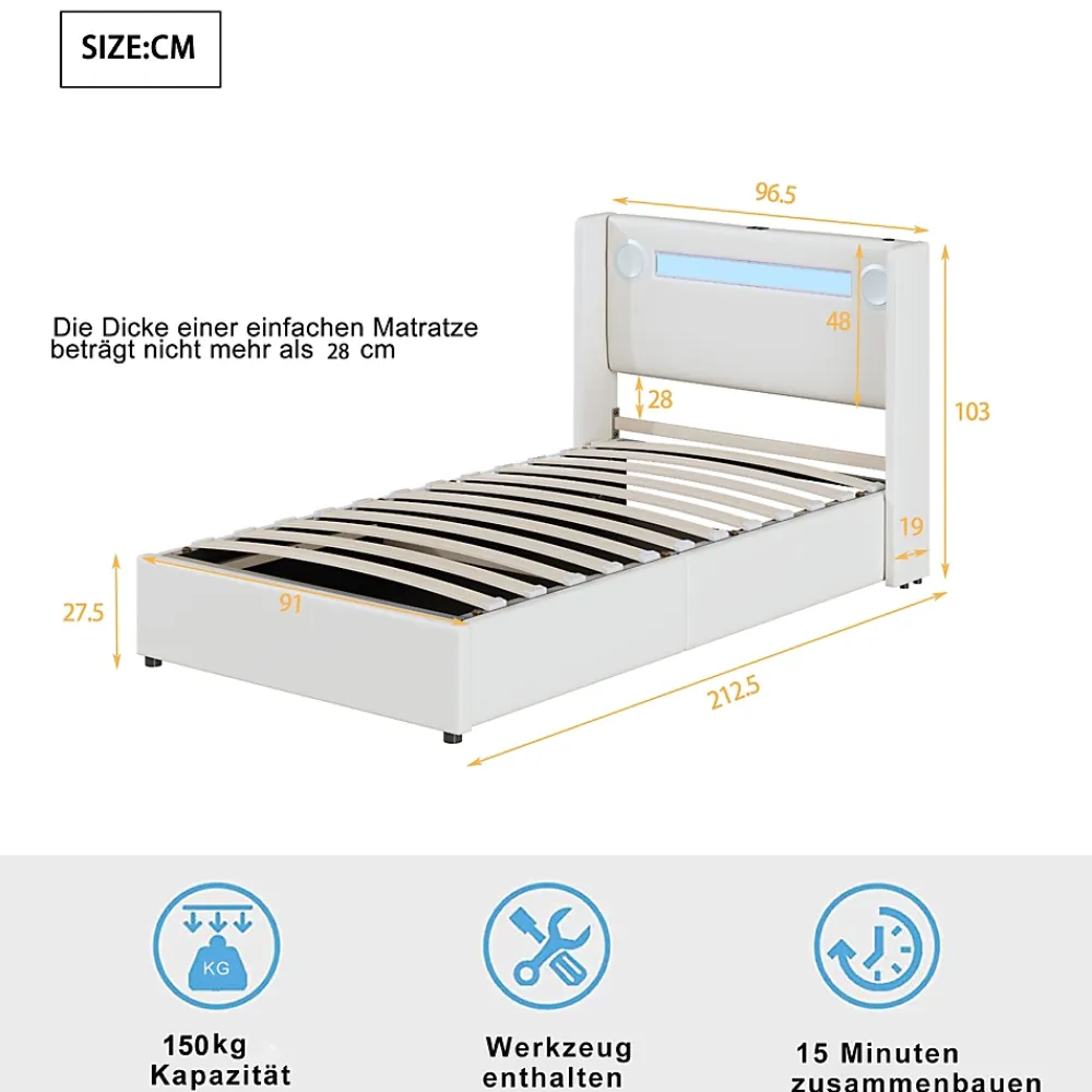 Okwish Lit Coffre 90x200 cm - Lit enfant capitonné avec LED, Lecteur Bluetooth et Port USB, Coffre de Rangement Simili Cuir Blanc* Lit Coffre
