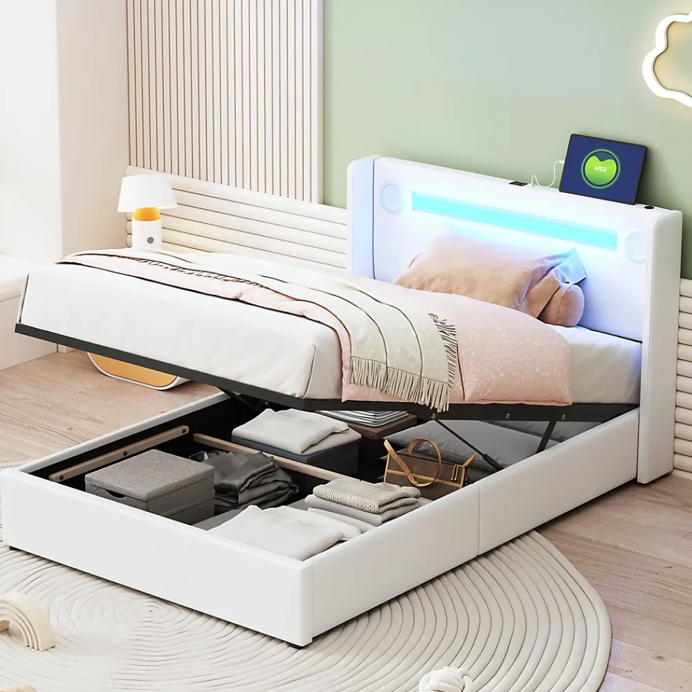 Okwish Lit Coffre 90x200 cm - Lit enfant capitonné avec LED, Lecteur Bluetooth et Port USB, Coffre de Rangement Simili Cuir Blanc* Lit Coffre