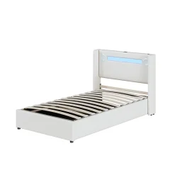 Okwish Lit Coffre 90x200 cm - Lit enfant capitonné avec LED, Lecteur Bluetooth et Port USB, Coffre de Rangement Simili Cuir Blanc* Lit Coffre