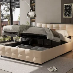 Okwish Lit Coffre 180x200 cm - Lit Hydraulique avec Rangement Sous Le Lit et Sommier À Lattes, Velours Beige, Sans Matelas* Lit Coffre