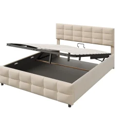 Okwish Lit Coffre 180x200 cm - Lit Hydraulique avec Rangement Sous Le Lit et Sommier À Lattes, Velours Beige, Sans Matelas* Lit Coffre